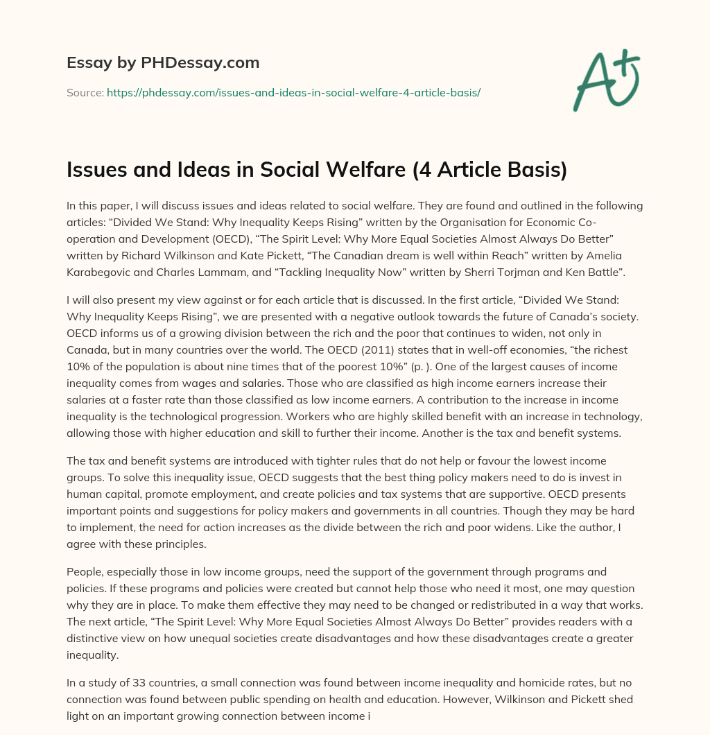 Issues and Ideas in Social Welfare (4 Article Basis) essay