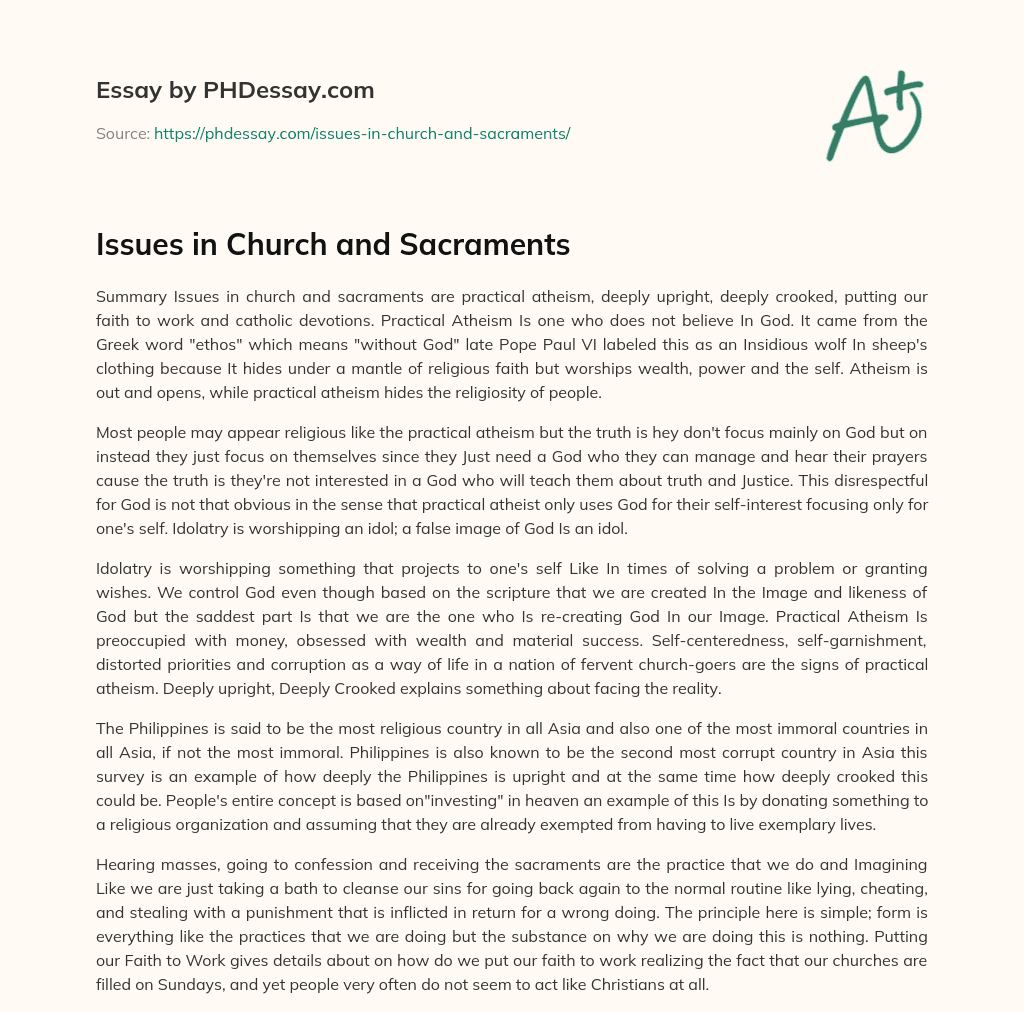 Issues in Church and Sacraments essay