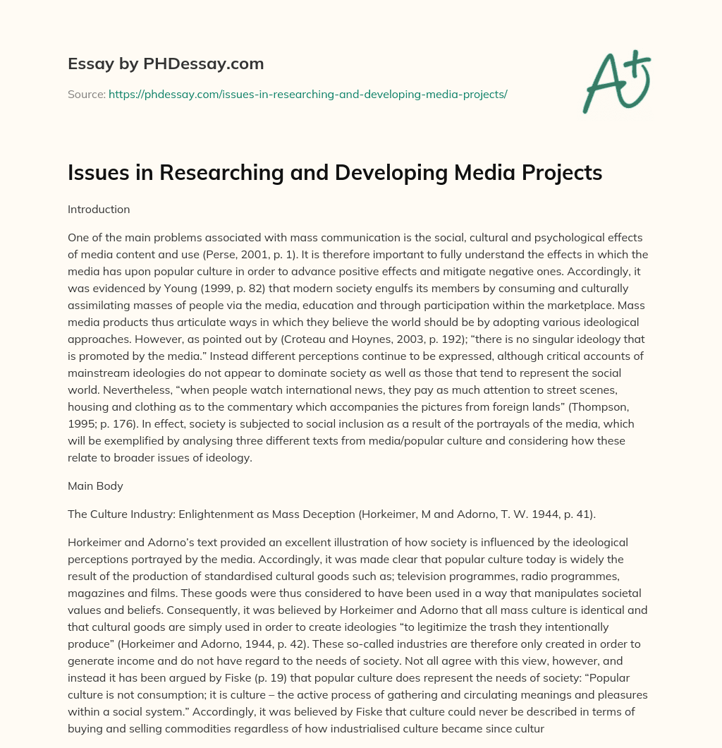 Issues in Researching and Developing Media Projects essay