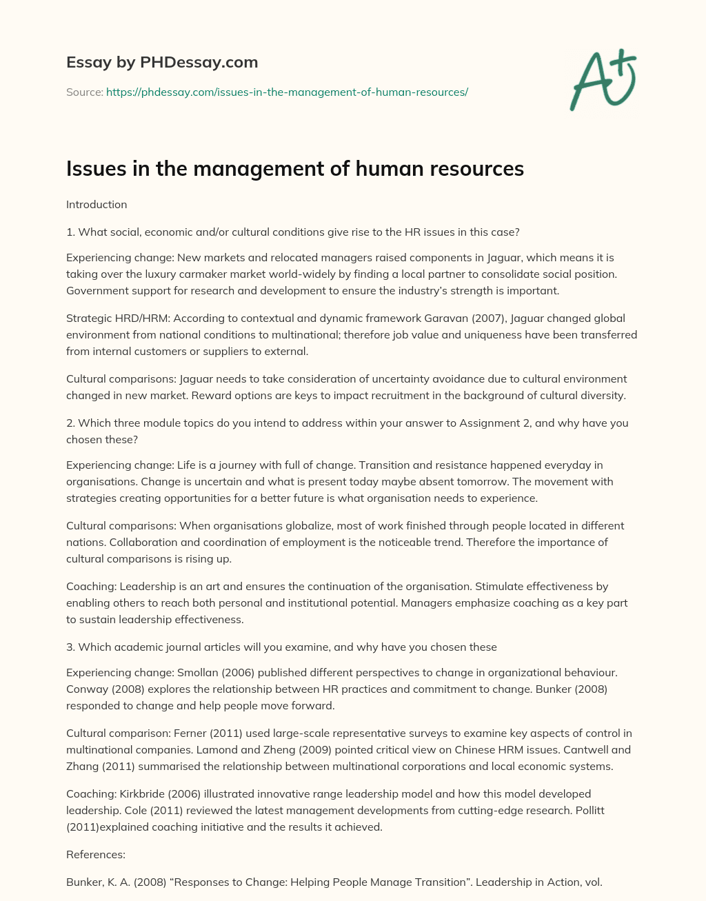 Issues in the management of human resources essay