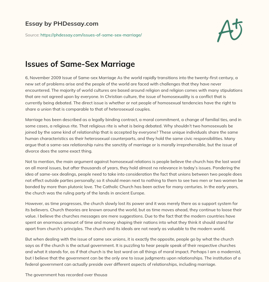 same sex marriage essay issue