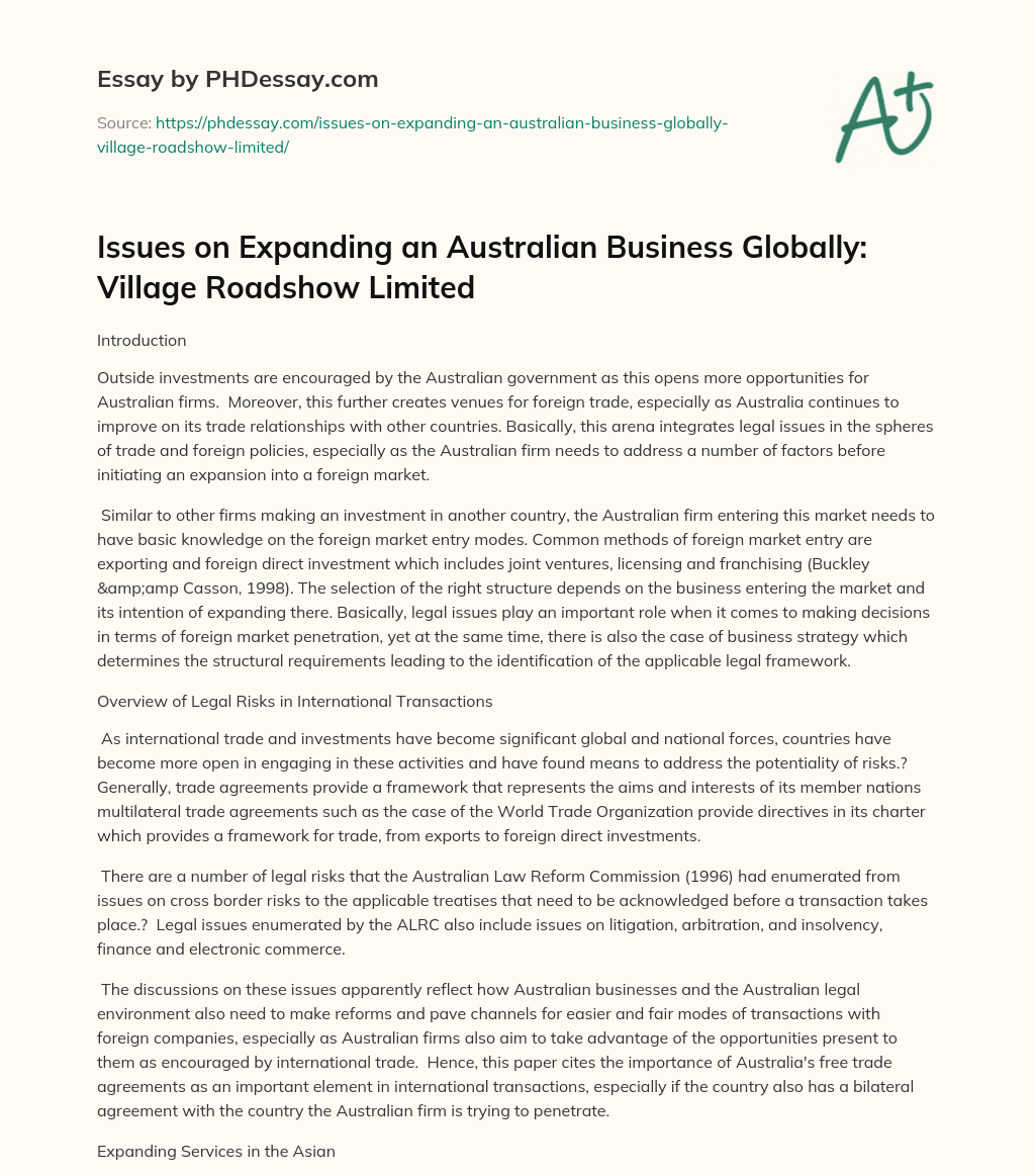 Issues on Expanding an Australian Business Globally: Village Roadshow Limited essay