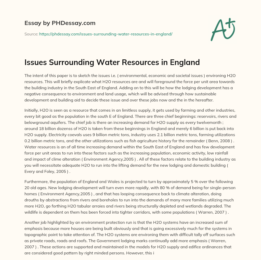 Issues Surrounding Water Resources in England essay