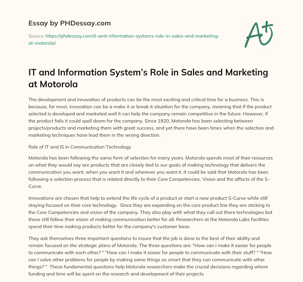 IT and Information System’s Role in Sales and Marketing at Motorola essay