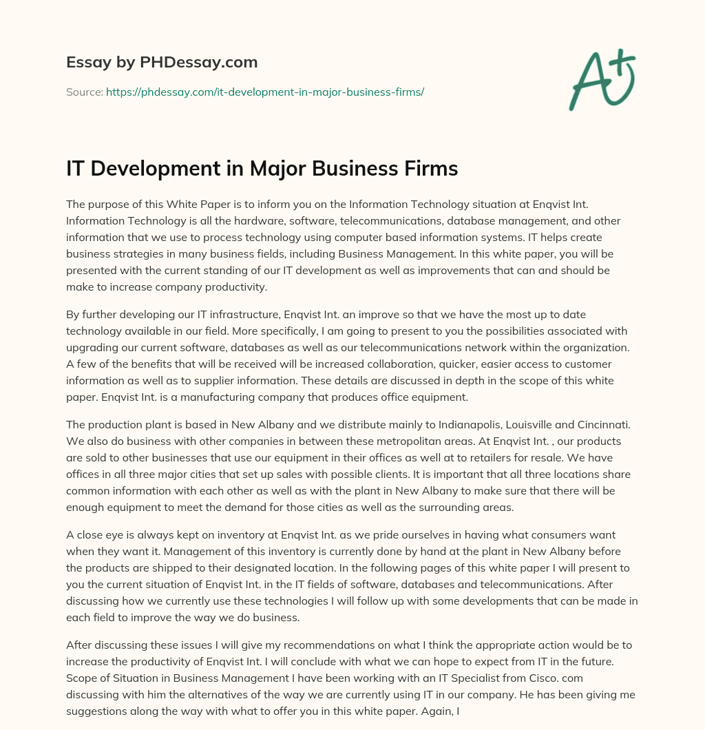 IT Development in Major Business Firms essay