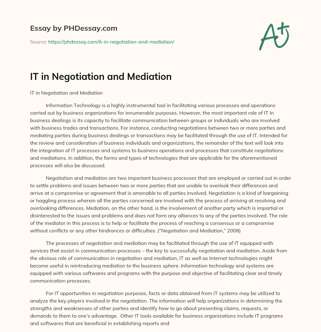 IT in Negotiation and Mediation essay