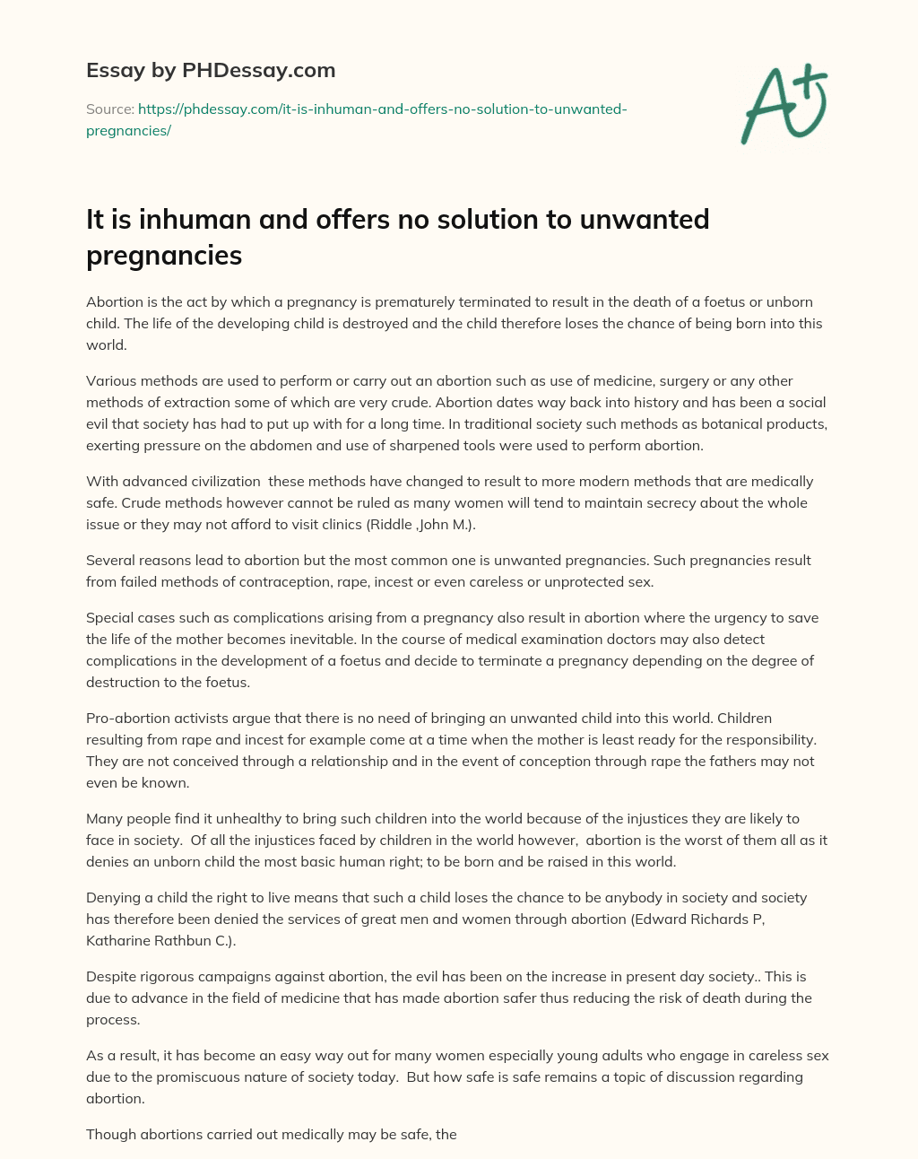 It is inhuman and offers no solution to unwanted pregnancies essay