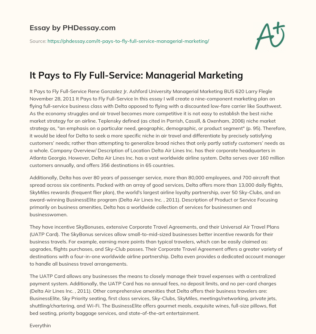 It Pays to Fly Full-Service: Managerial Marketing essay