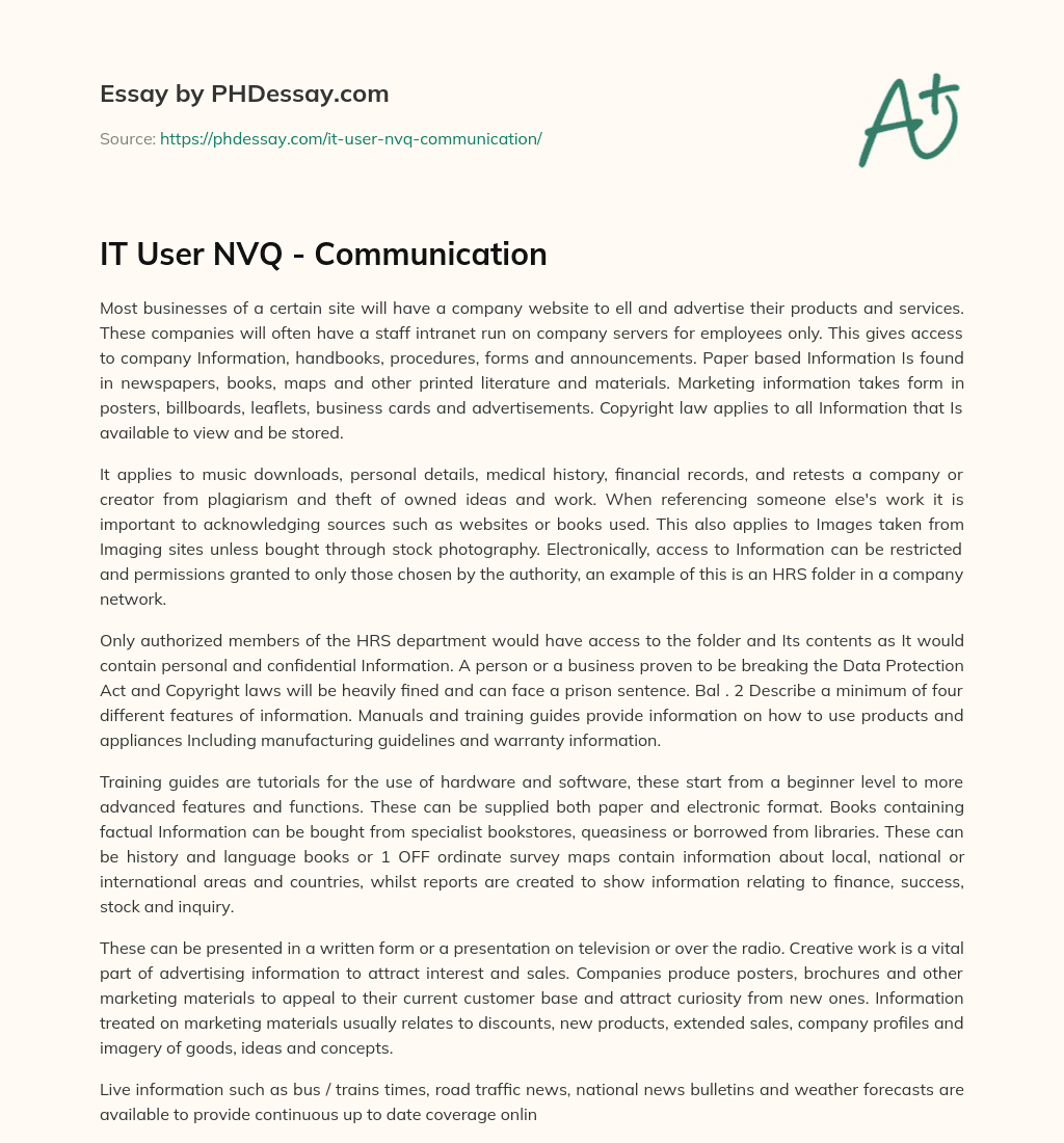 IT User NVQ – Communication essay