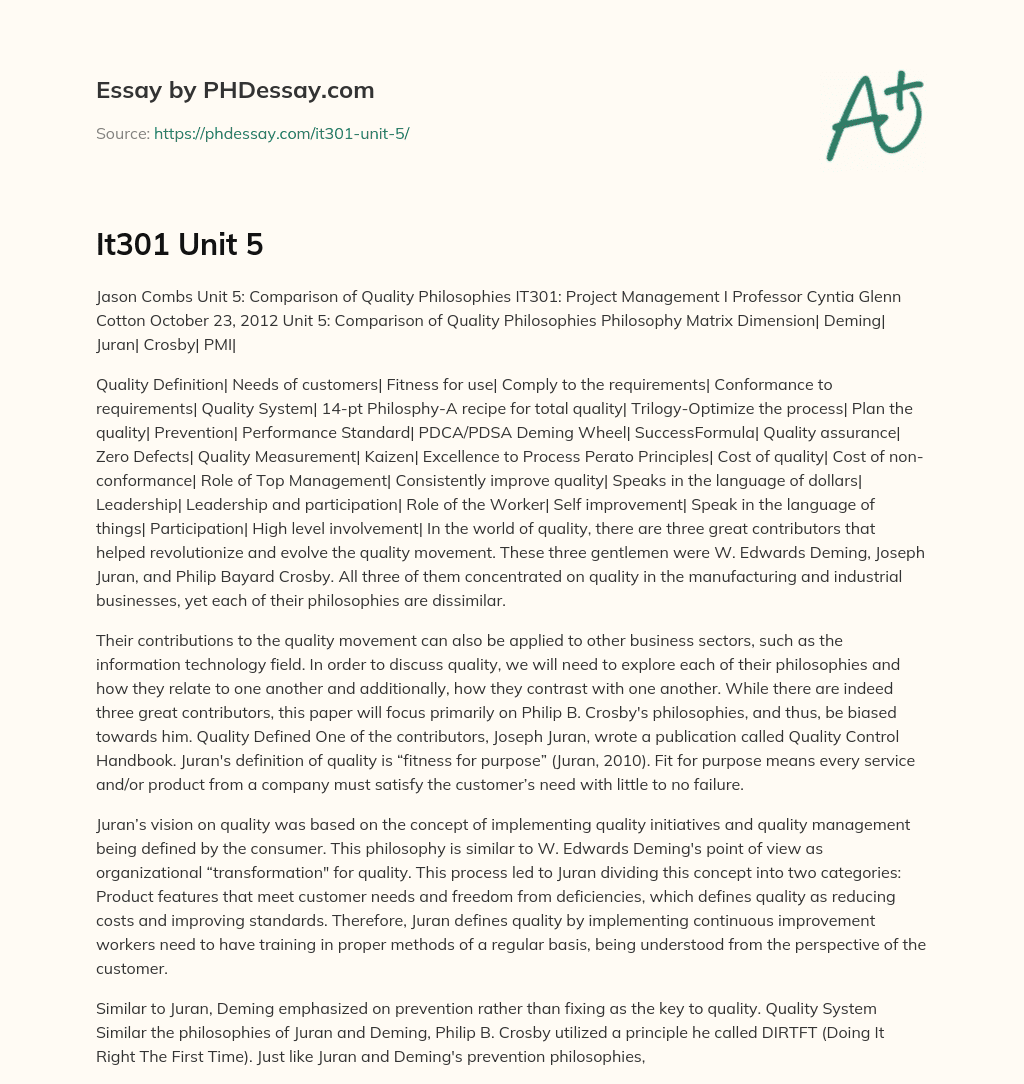 Comparison of Quality Philosophies by Deming, Juran, Crosby, and PMI essay