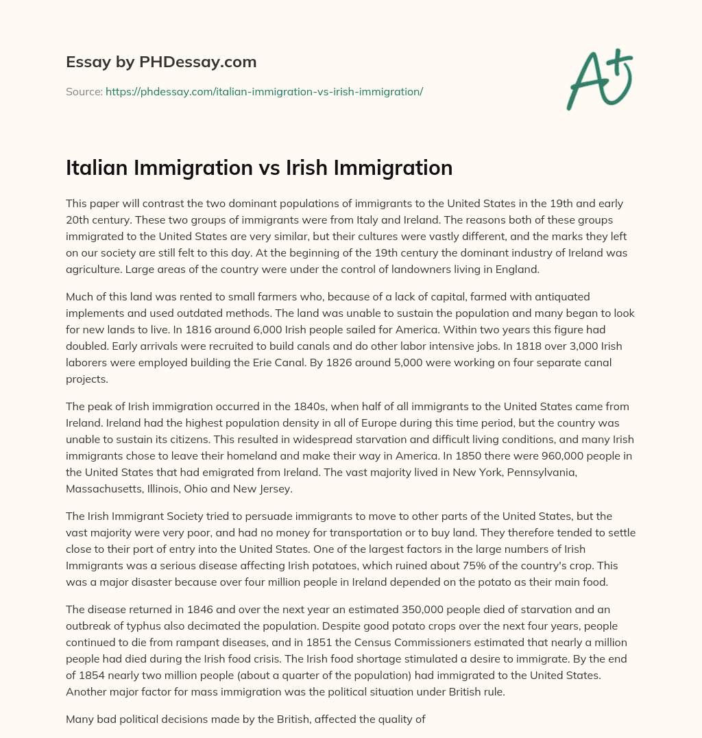 Italian Immigration vs Irish Immigration essay