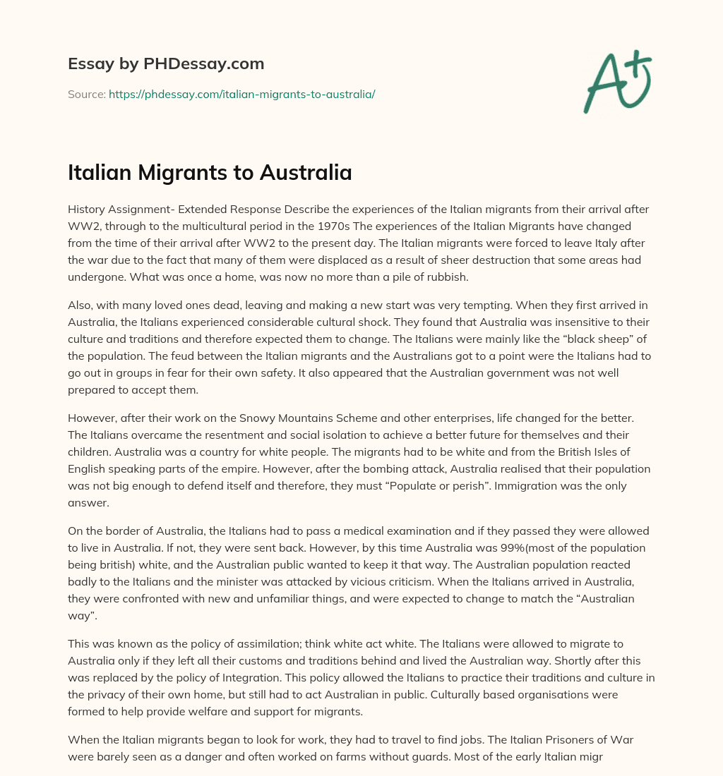 Italian Migrants to Australia essay
