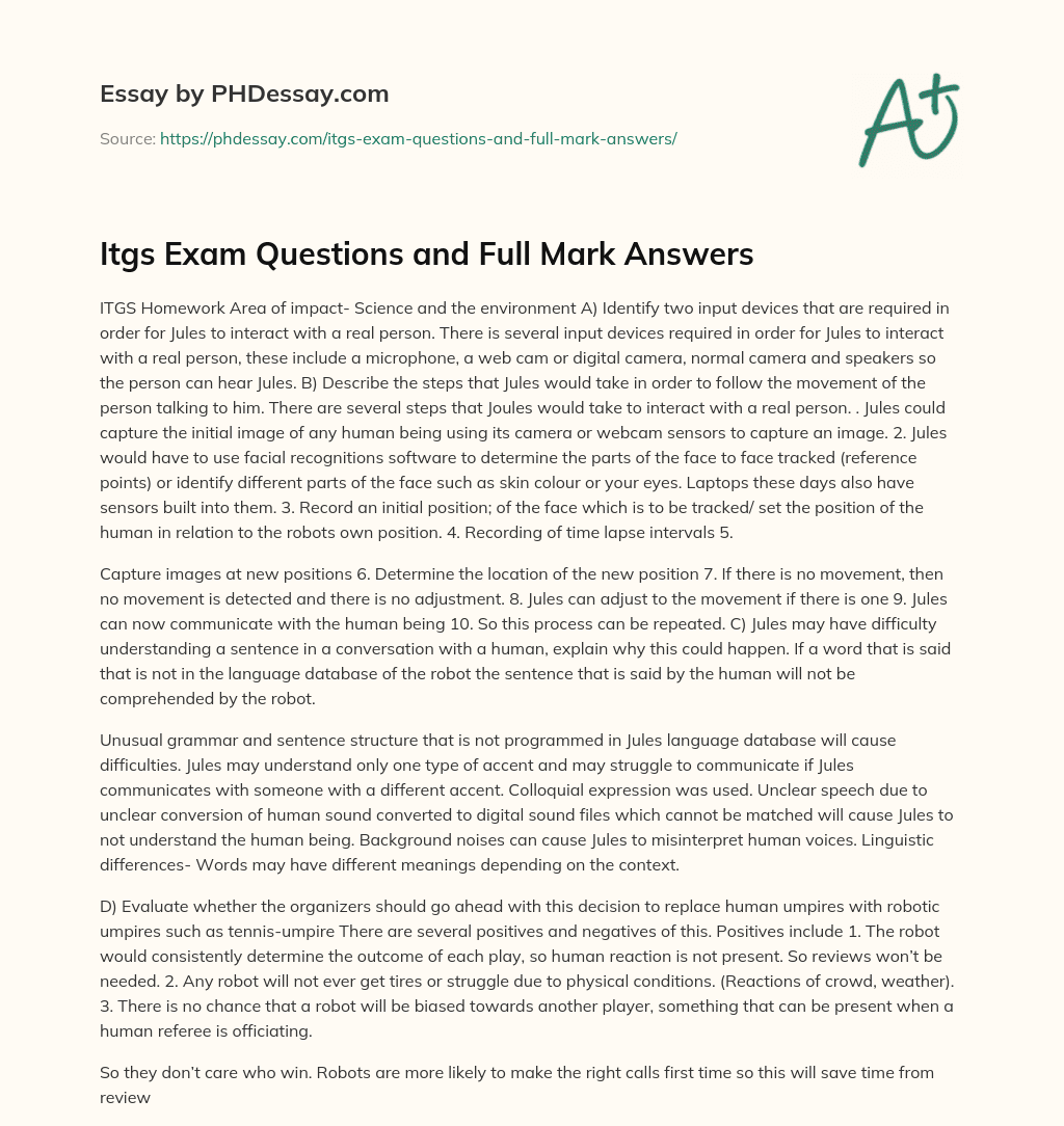Itgs Exam Questions and Full Mark Answers essay