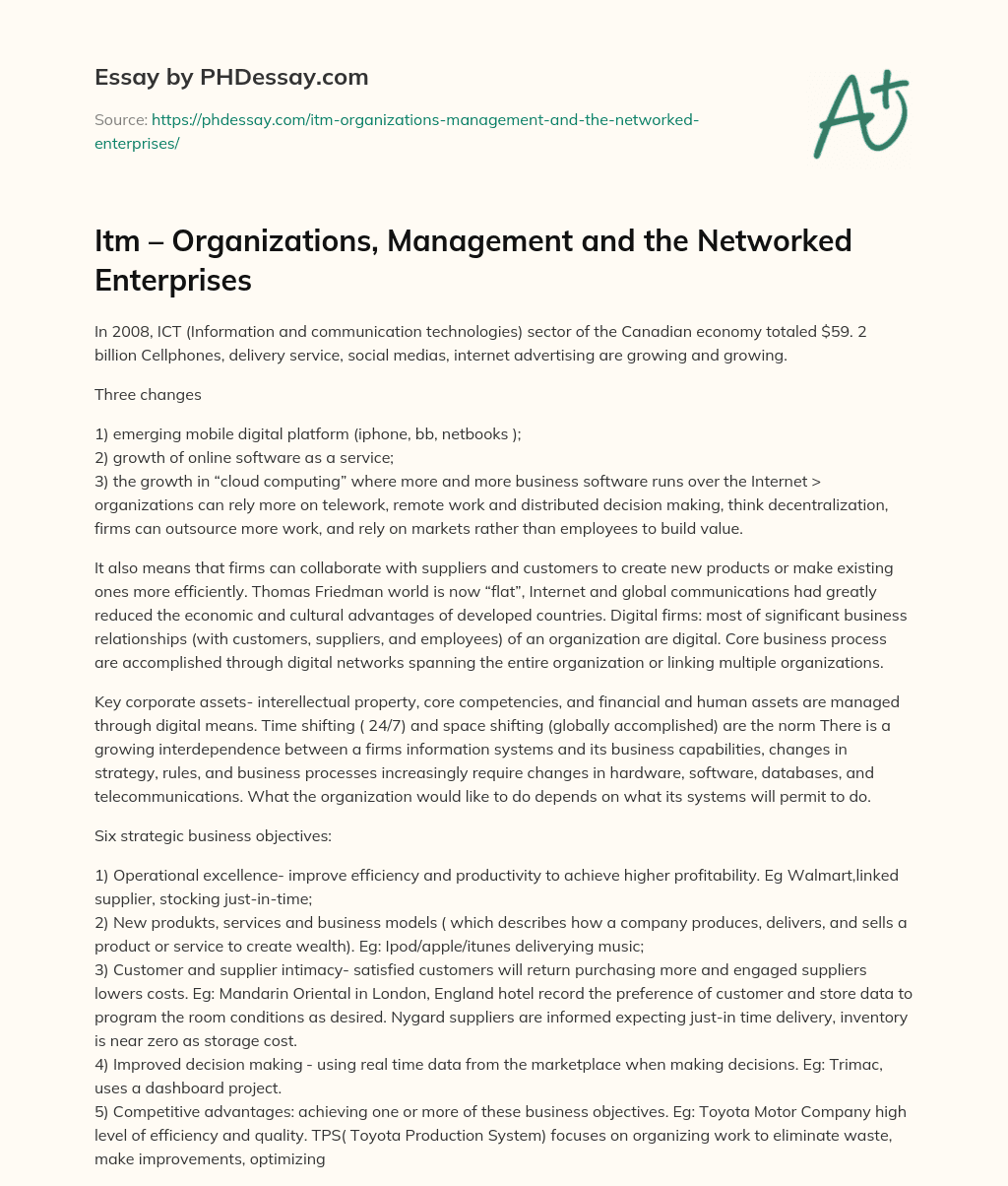 Itm – Organizations, Management and the Networked Enterprises essay