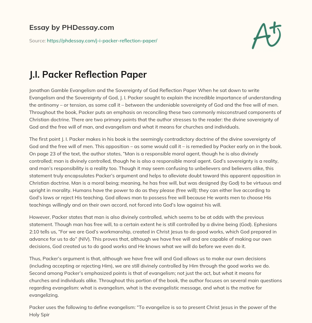 J.I. Packer Reflection Paper essay