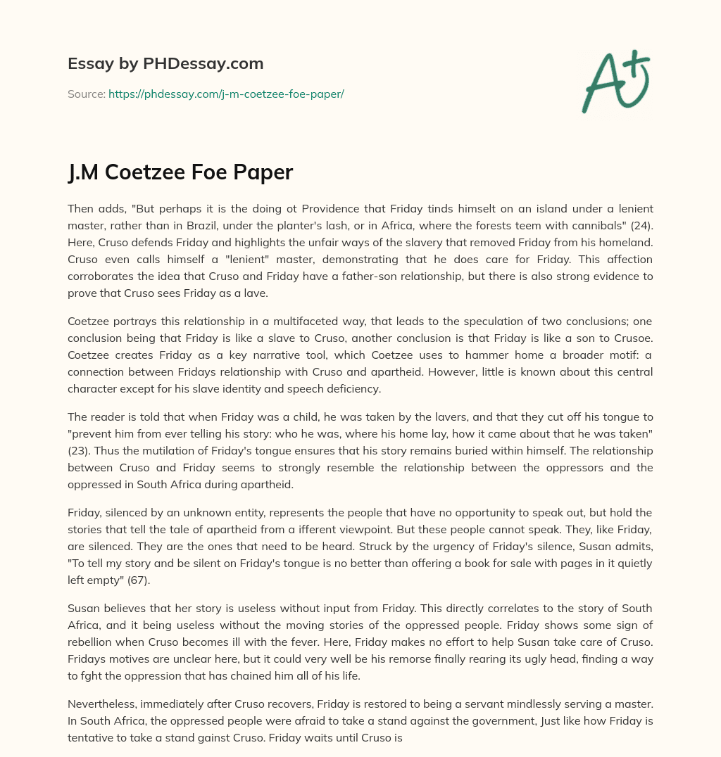 J.M Coetzee Foe Paper essay