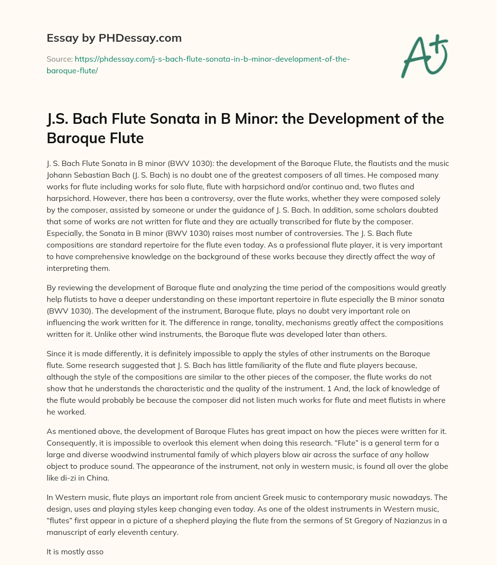 J.S. Bach Flute Sonata in B Minor the Development of the Baroque Flute