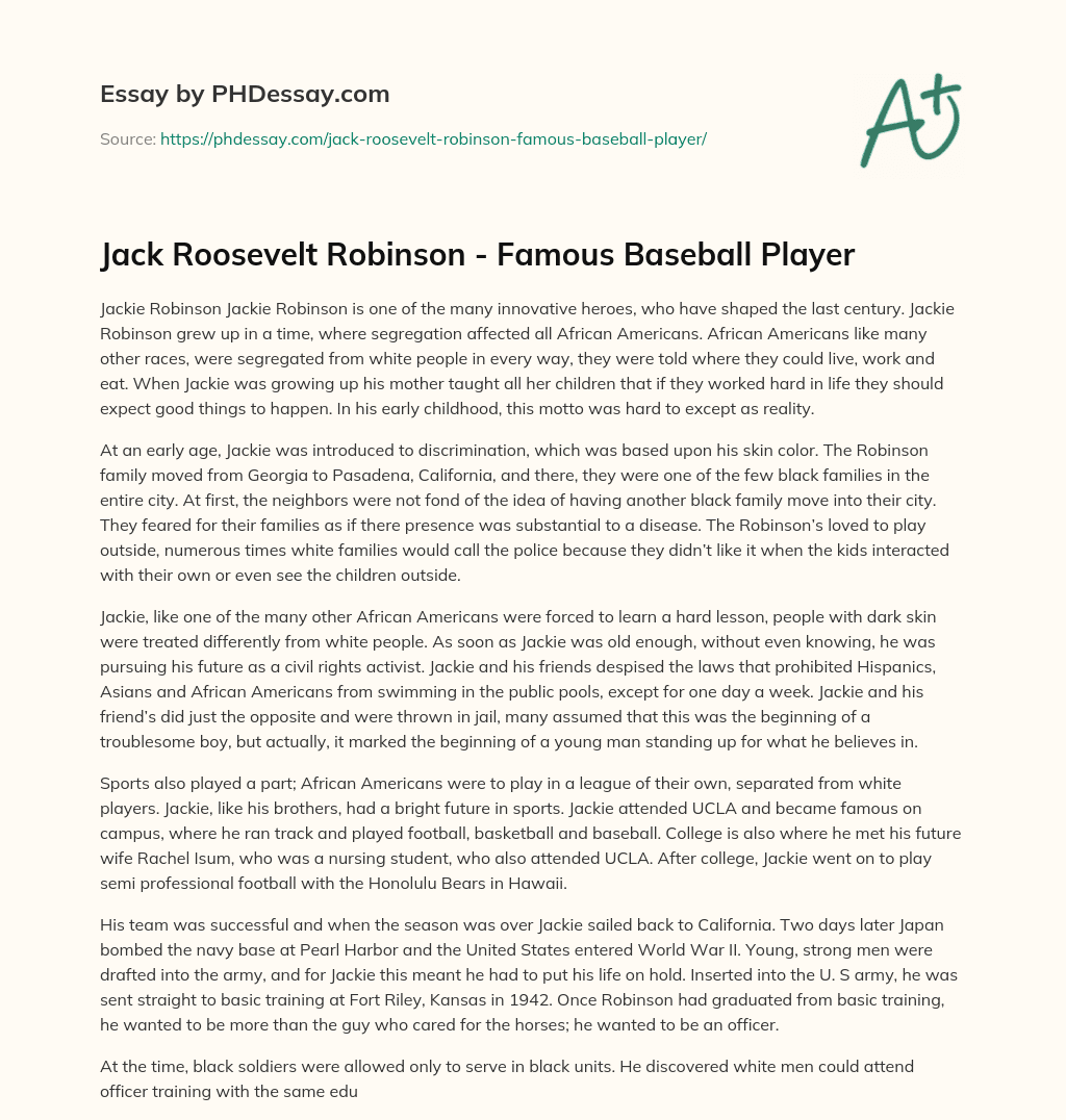 Jack Roosevelt Robinson – Famous Baseball Player essay