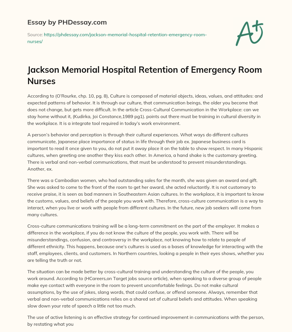 Jackson Memorial Hospital Retention of Emergency Room Nurses essay