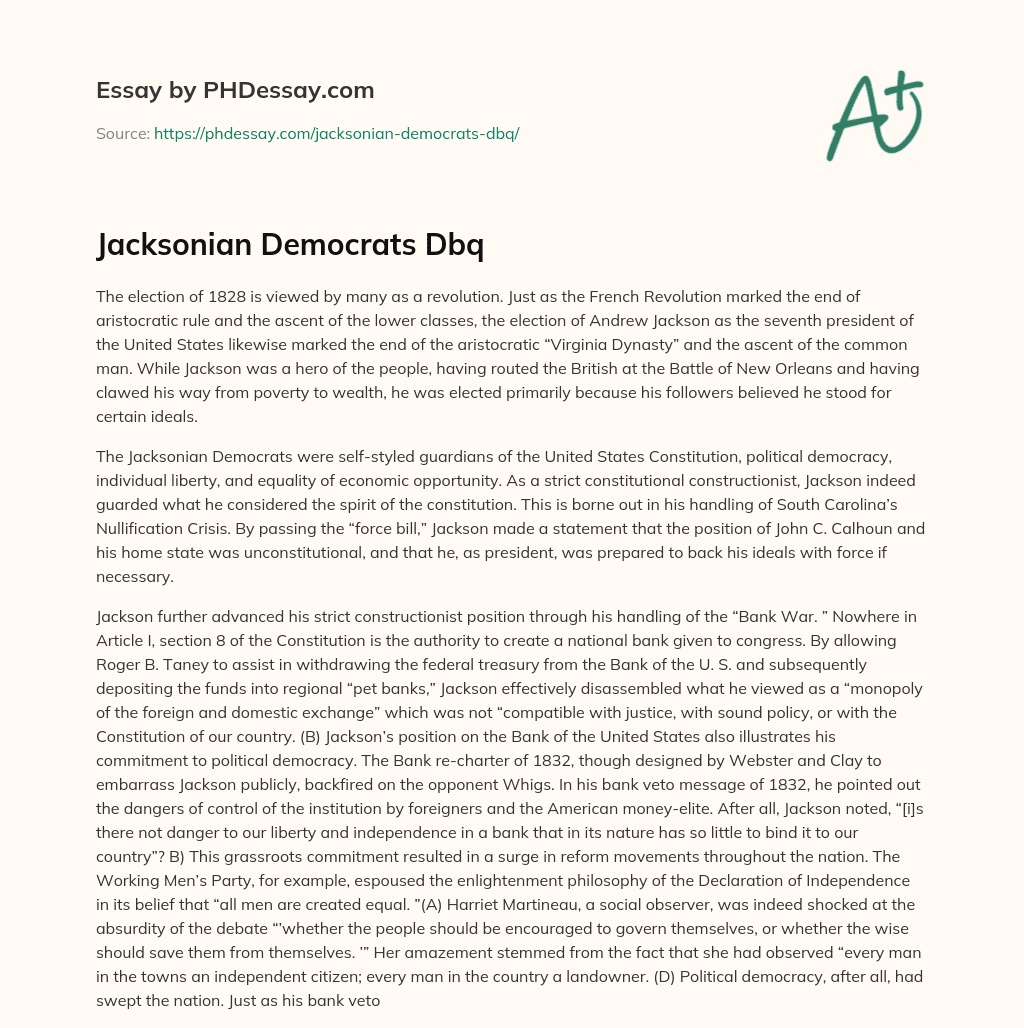 Jacksonian Democrats Dbq essay