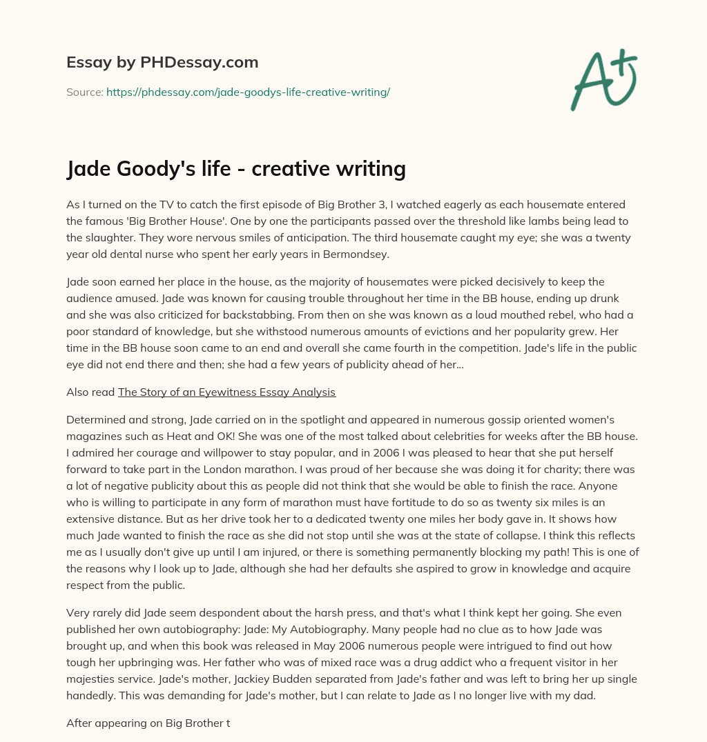 Jade Goody’s life – creative writing essay