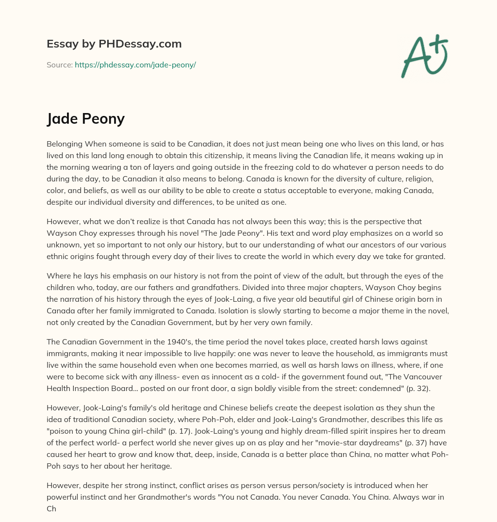 Belonging in Canada: A Perspective on Diversity and Unity in Wayson Choy’s The Jade Peony essay
