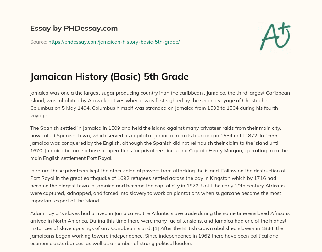 Jamaican History (Basic) 5th Grade essay