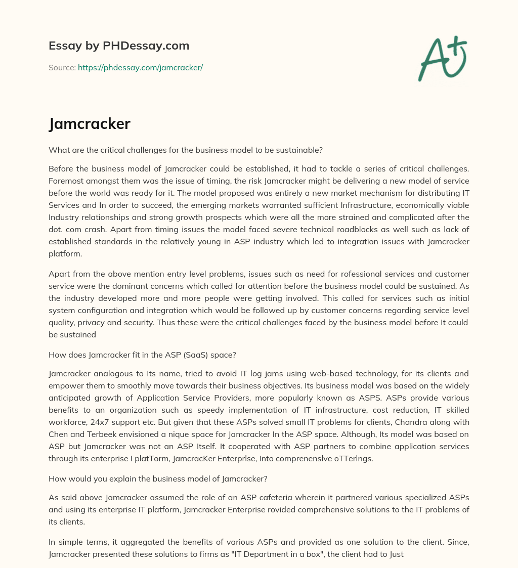 Challenges Faced by Jamcracker in Establishing a New Market Mechanism for IT Services Distribution essay