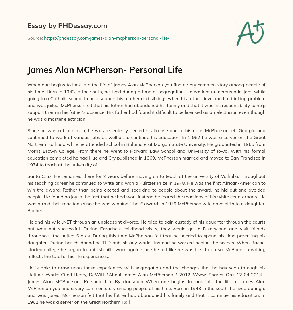 James Alan MCPherson- Personal Life essay