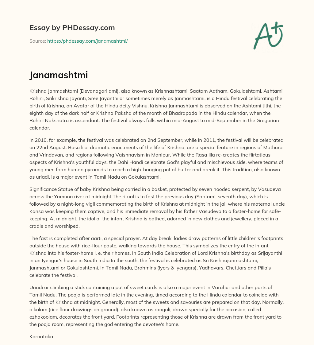 Krishna: Celebrating the Hindu Festival of Krishna Janmashtami essay
