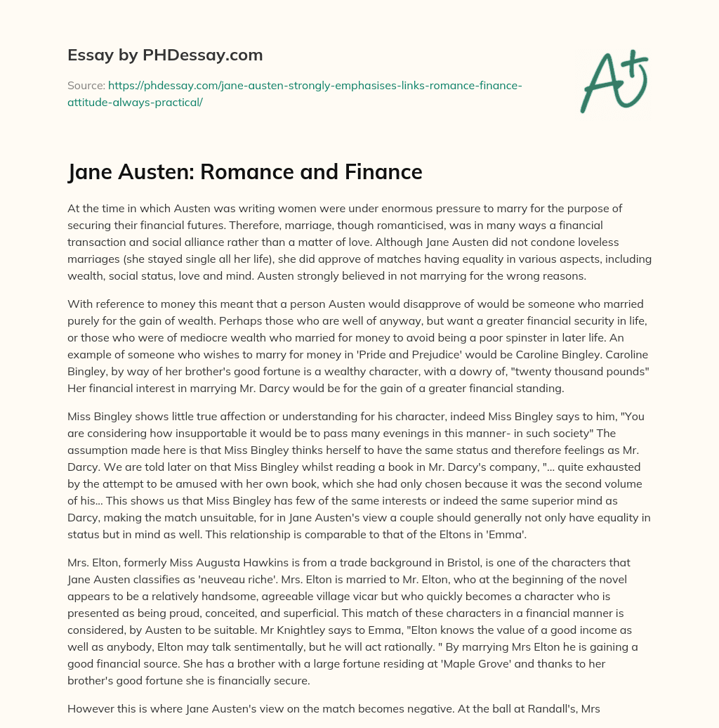 Jane Austen: Romance and Finance essay