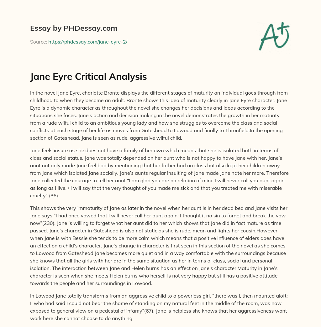 Jane Eyre Critical Analysis essay