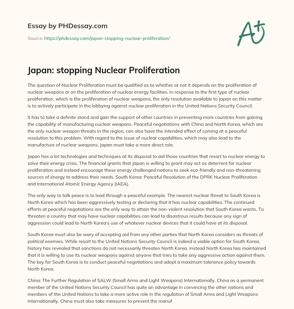 Japan: stopping Nuclear Proliferation essay