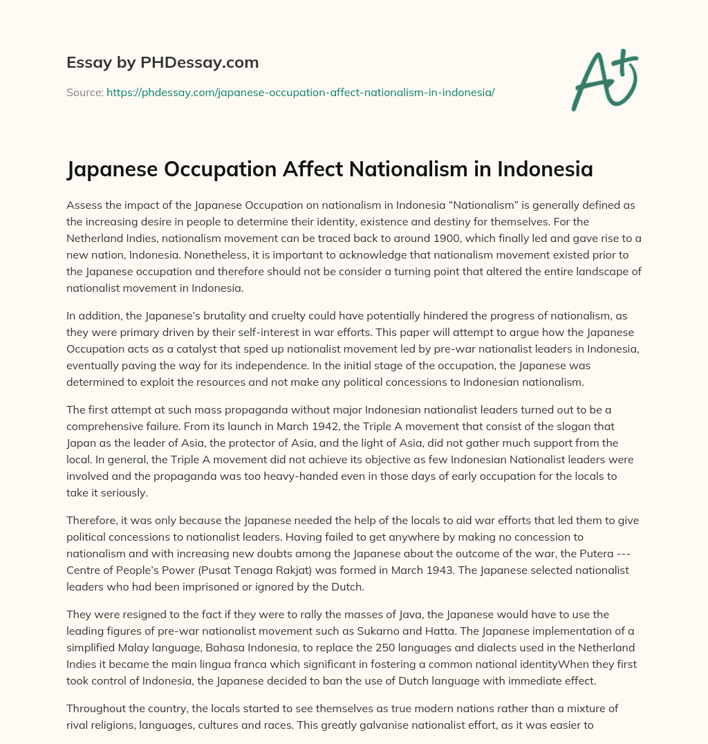 Japanese Occupation Affect Nationalism in Indonesia essay