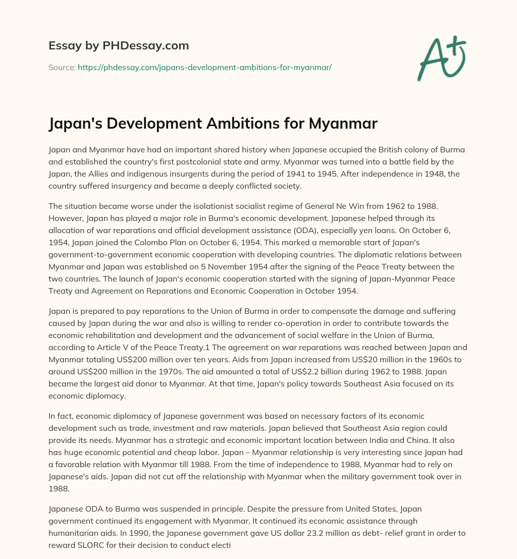 Japan’s Development Ambitions for Myanmar essay