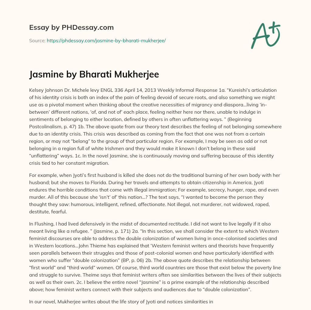Jasmine by Bharati Mukherjee essay