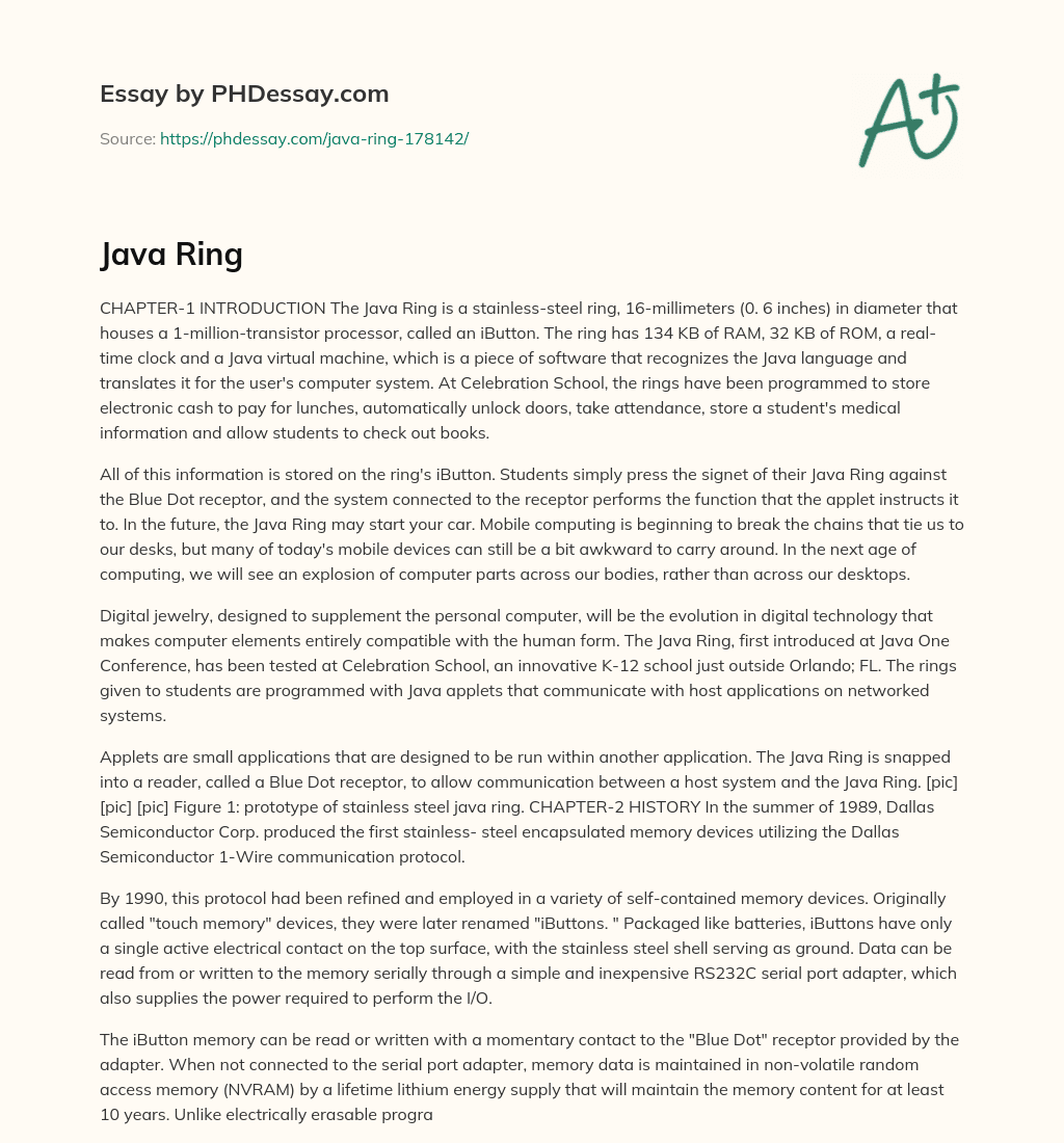 Introduction to the Java Ring: A Wearable Computer with Multiple Functions essay