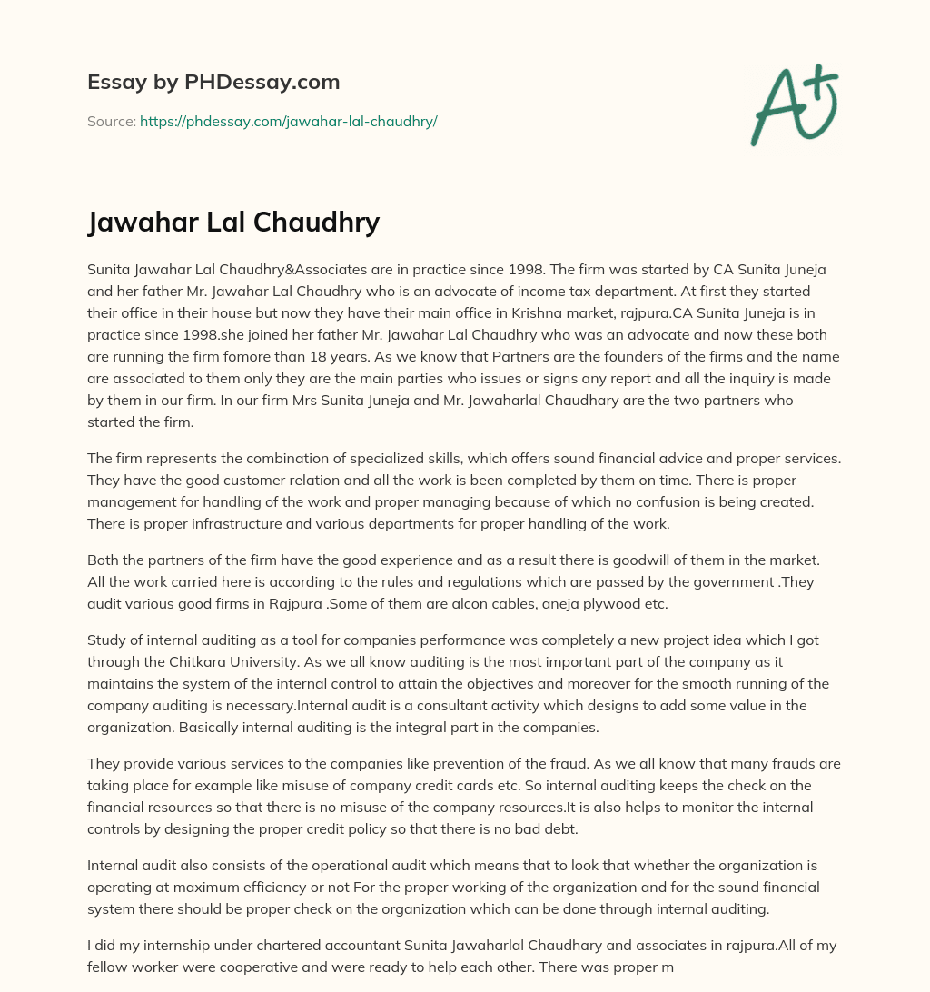 Jawahar Lal Chaudhry essay