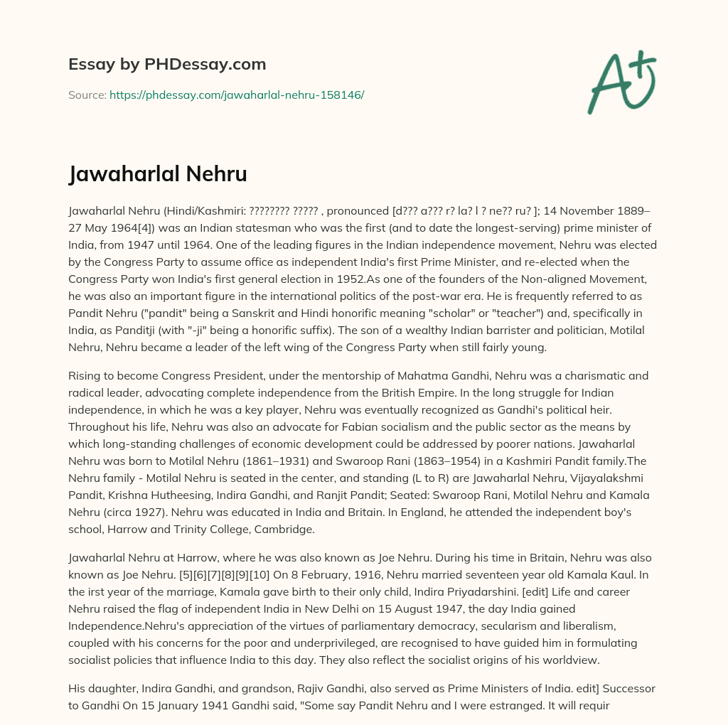 Jawaharlal Nehru essay