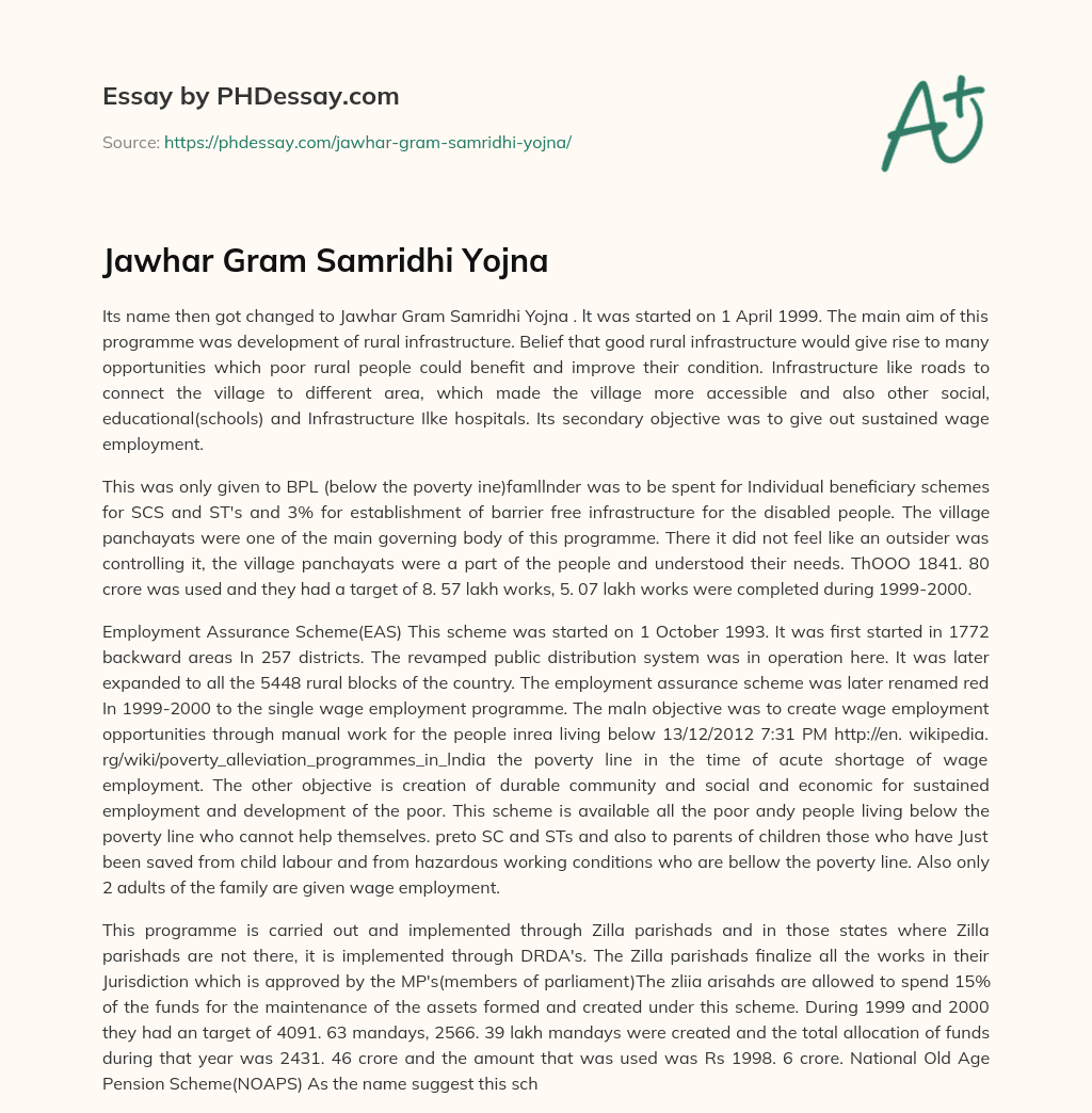 Jawhar Gram Samridhi Yojna essay