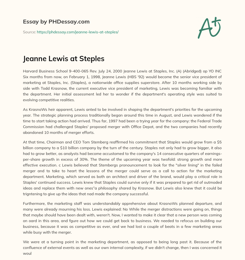 Jeanne Lewis at Steples essay