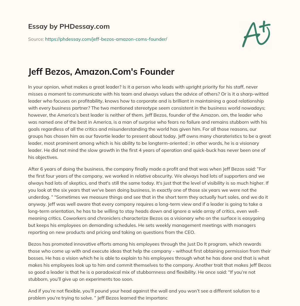Jeff Bezos, Amazon.Com’s Founder essay