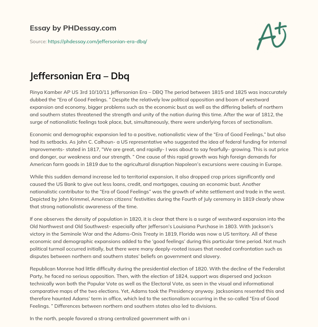 Jeffersonian Era – Dbq essay