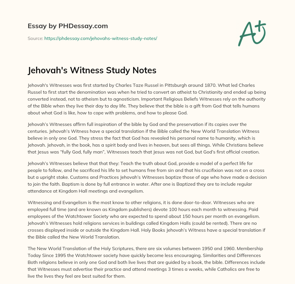 Jehovah’s Witness Study Notes essay