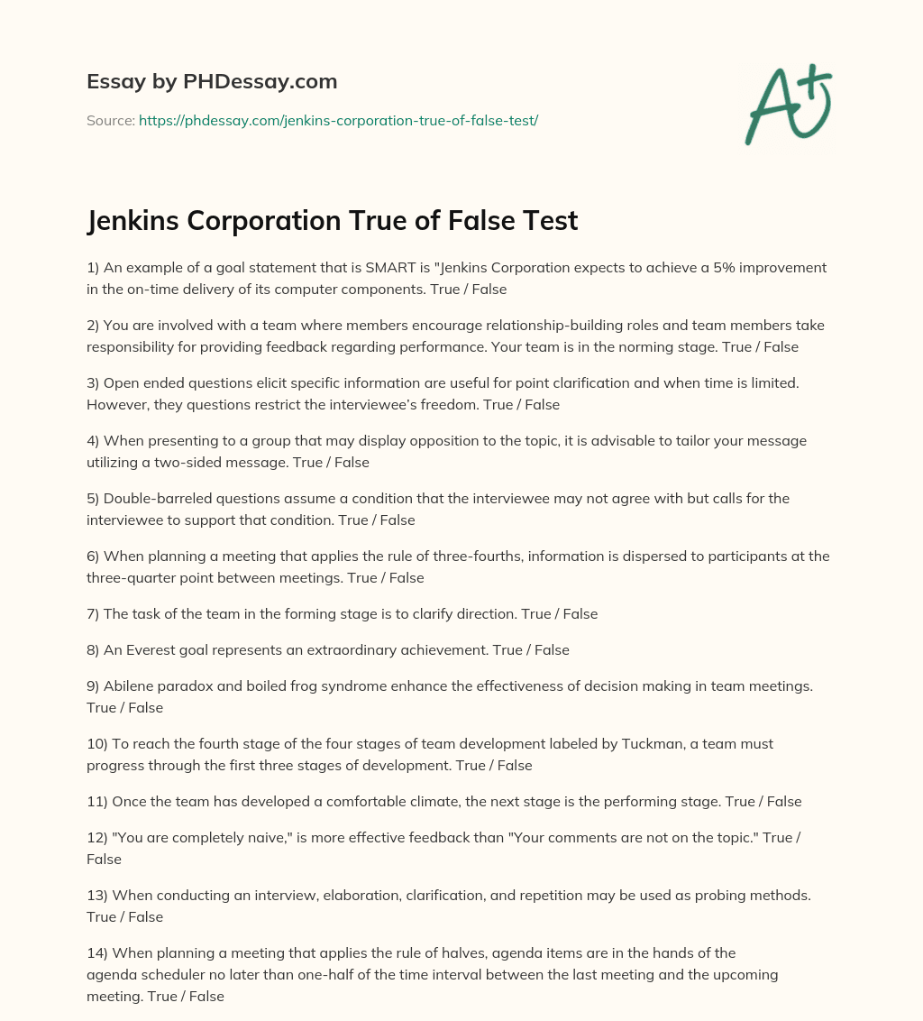 Jenkins Corporation True of False Test essay