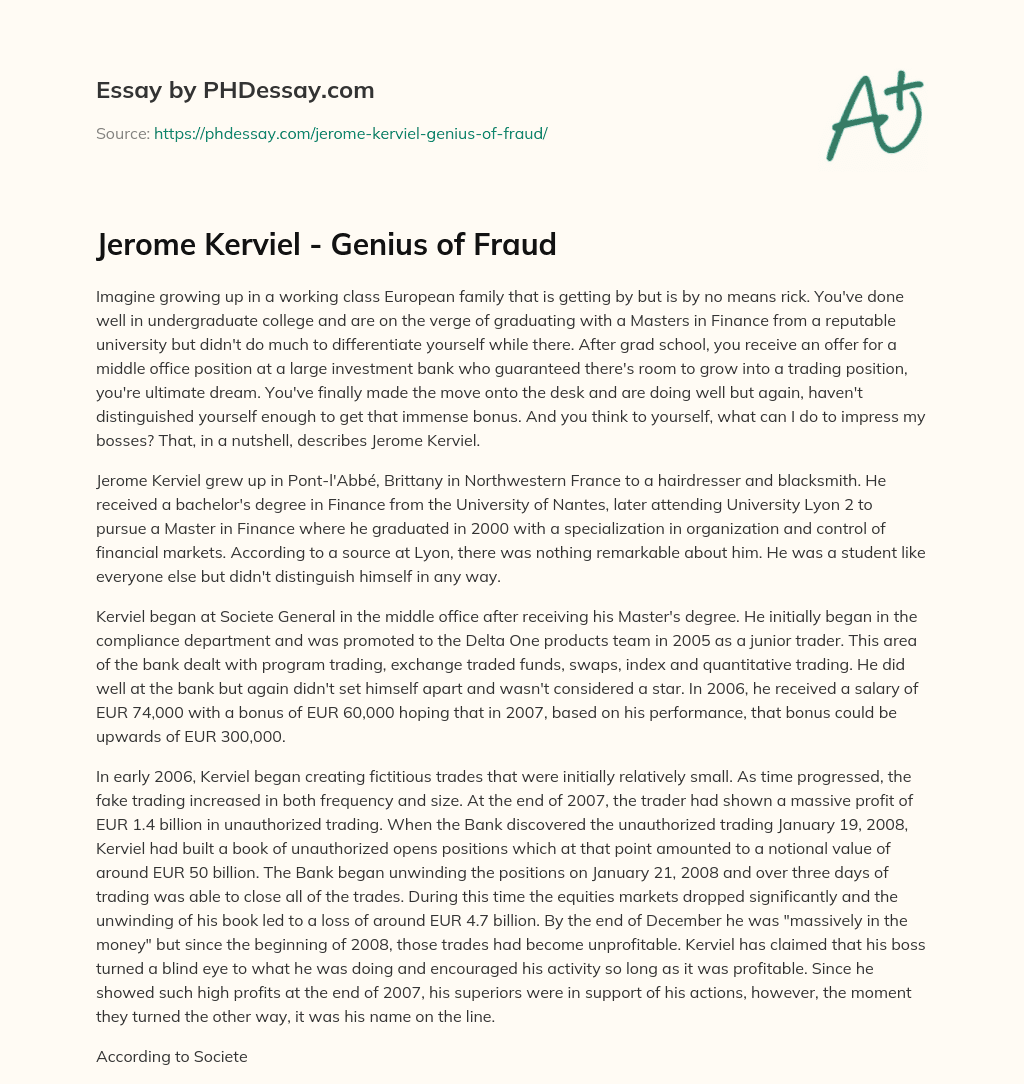 Jerome Kerviel – Genius of Fraud essay