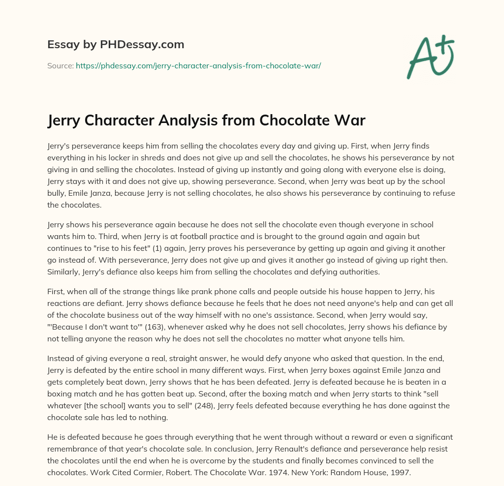 Jerry Character Analysis from Chocolate War essay