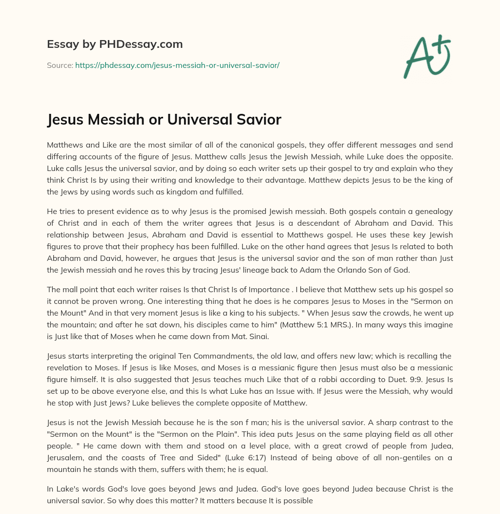 Jesus Messiah or Universal Savior essay