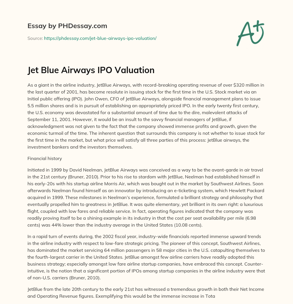 Jet Blue Airways IPO Valuation essay
