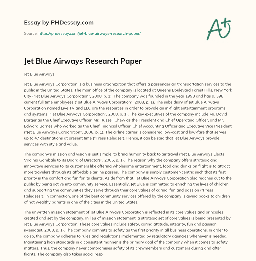 Jet Blue Airways Research Paper essay